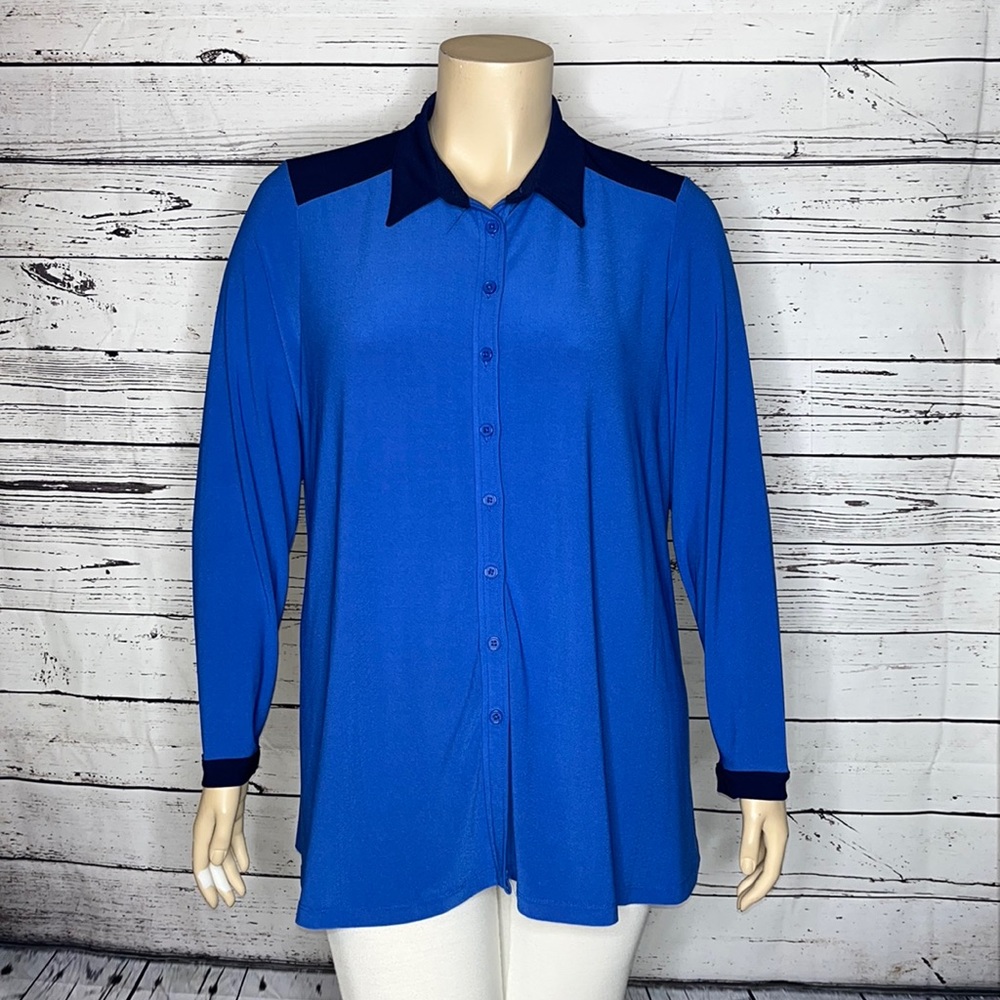 Linea by Louis Dell’Olio Size XL Blue Colorblock Button Up Blouse Top